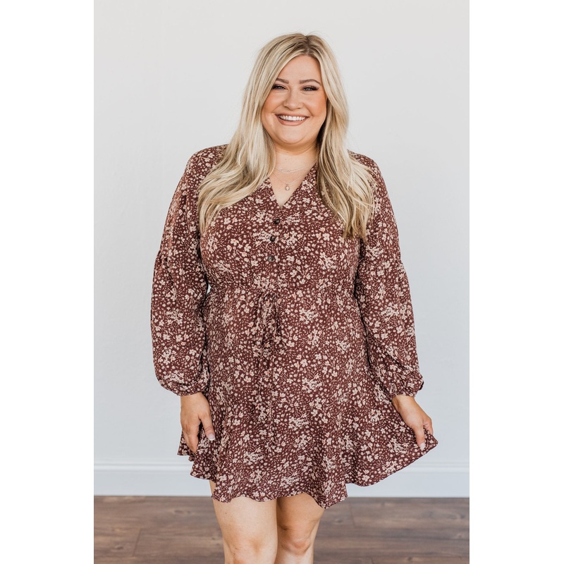 Decadent Daydreams Floral Print Dress- Brown