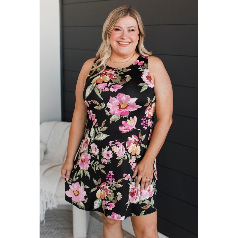 Leave Them Wondering Floral Dress- Black