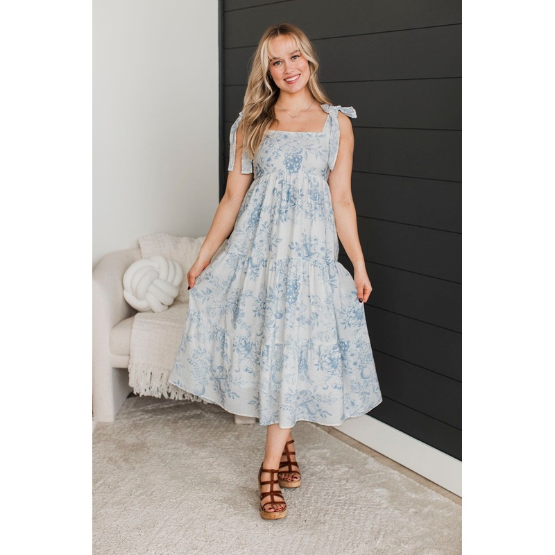 Always Brilliant Floral Midi Dress- Ivory & Blue