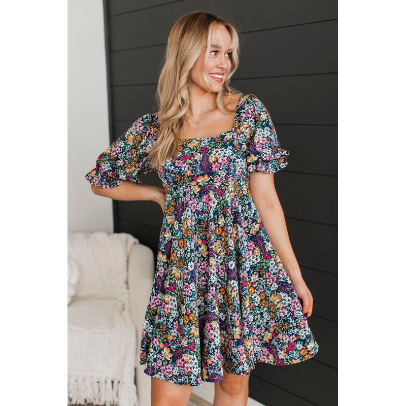 Cherishing Friendships Floral Dress- Navy