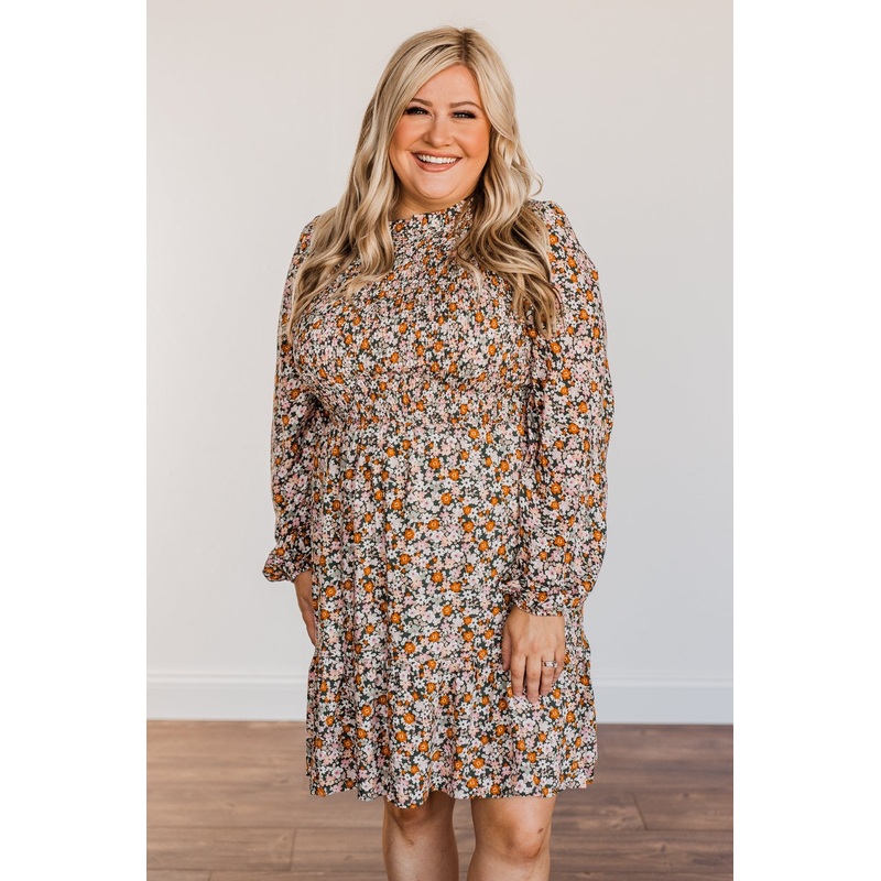Dance The Night Away Smocked Floral Dress- Olive