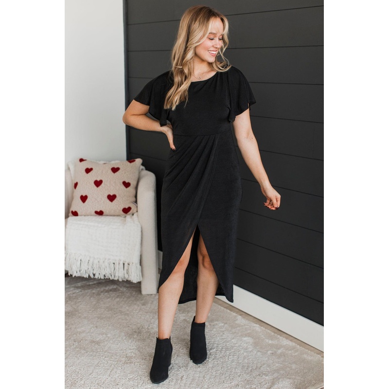 Through The Night Wrap Midi Dress- Black