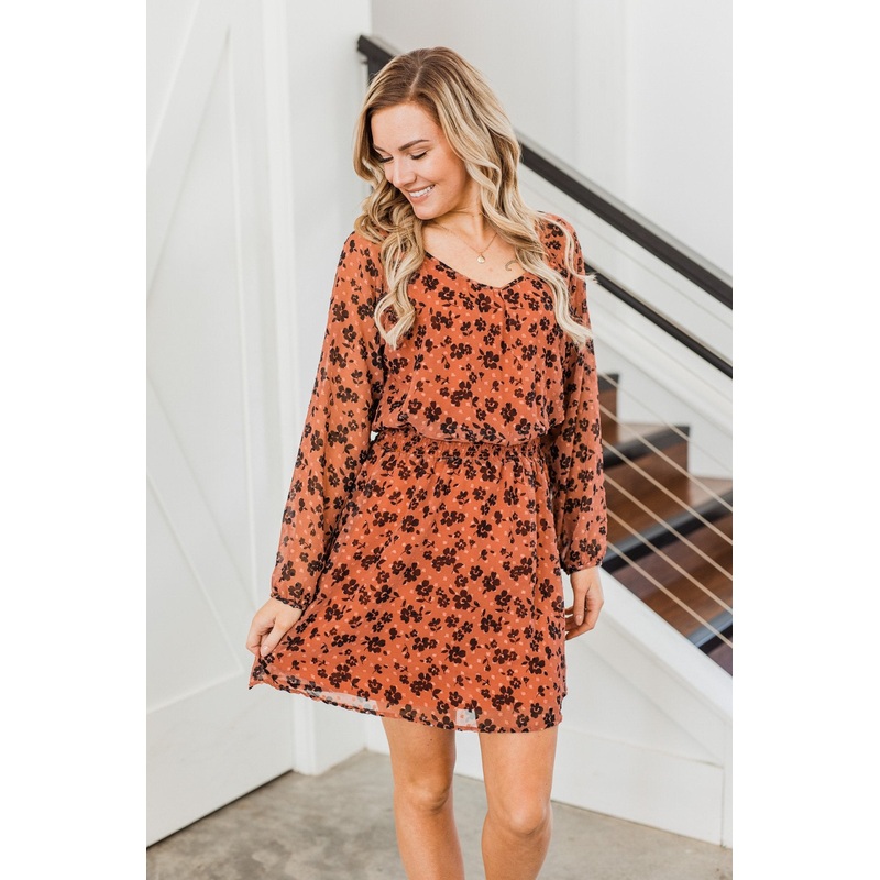 All For You Floral Long Sleeve Dress- Rust
