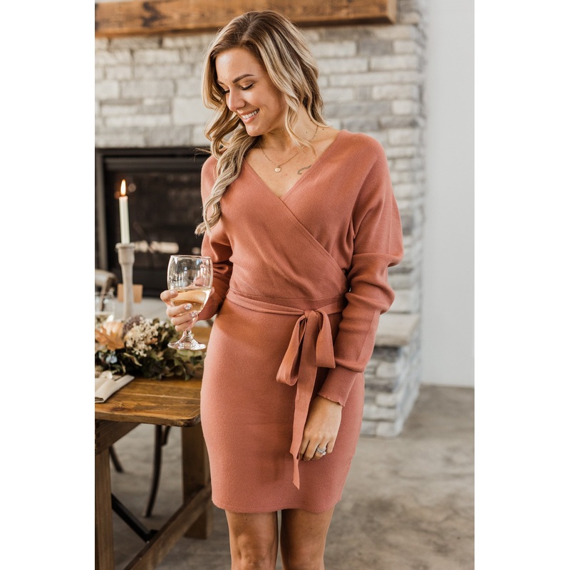 Feeling Smitten Long Sleeve Knit Dress- Mauve