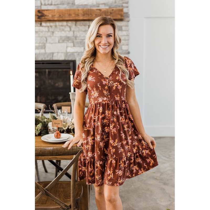 Having Fun Floral Print Dress- Rust