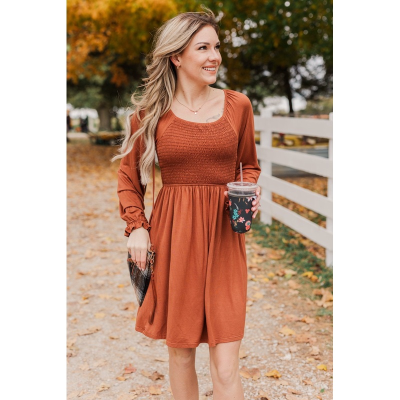 Lost In Memories Long Sleeve Dress- Copper
