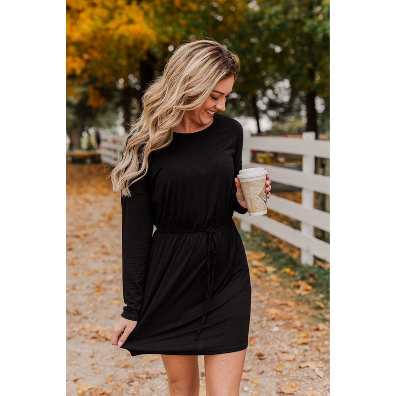 Moonlight Kisses Long Sleeve Dress- Black