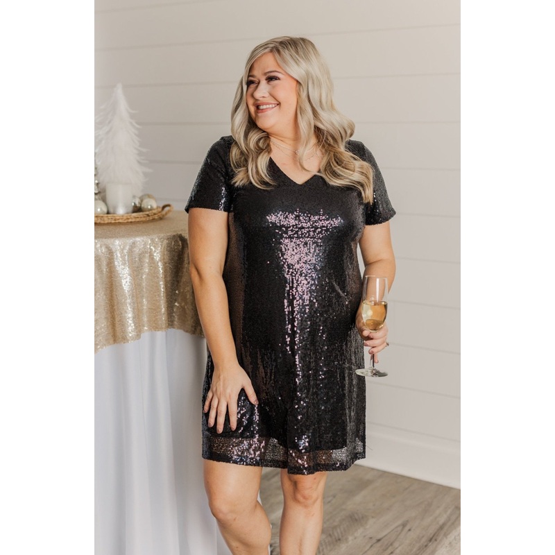 Chateau Dreams V-Neck Sequin Dress- Black