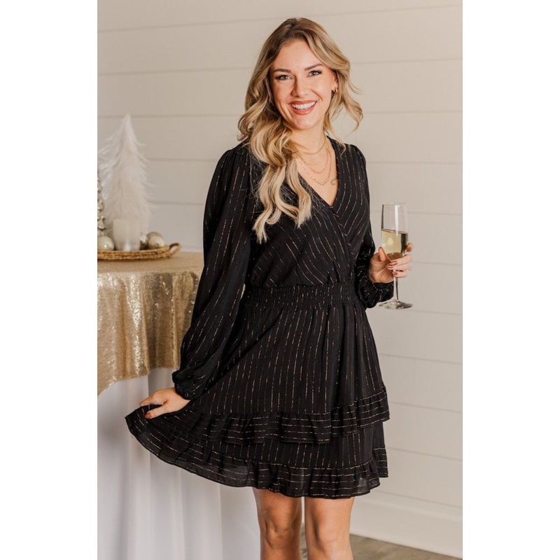 Shining Star Long Sleeve Dress- Black & Gold