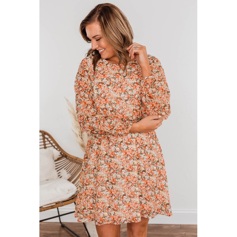 Blossoming Emotions Long Sleeve Floral Dress- Peach