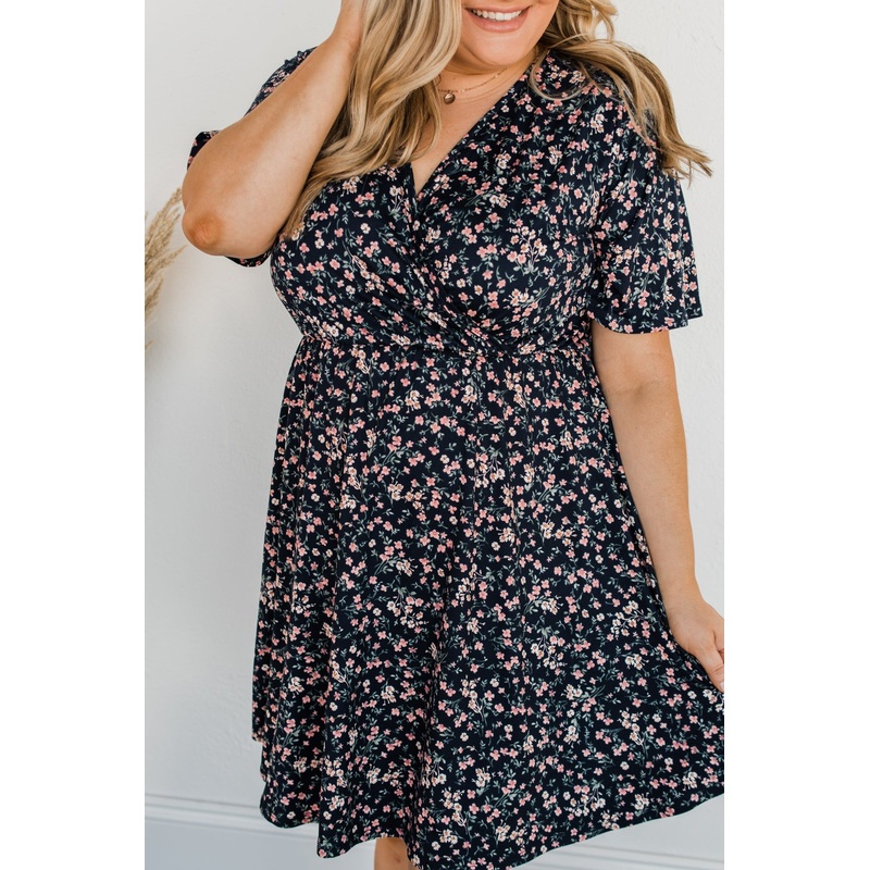 Our Time Together Floral V-Neck Dress- Navy