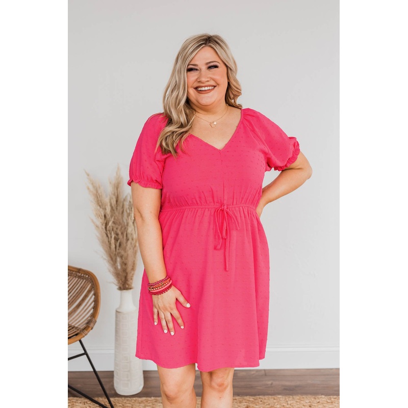 Brightly Shining Swiss Dot Dress- Hot Pink