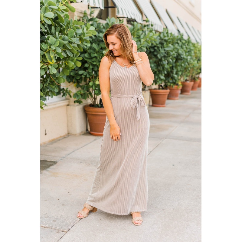 Ocean Tides Stripe Maxi Dress- Taupe & Ivory