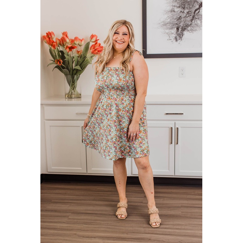 Dandelion Daydreams Floral Dress- Dusty Teal