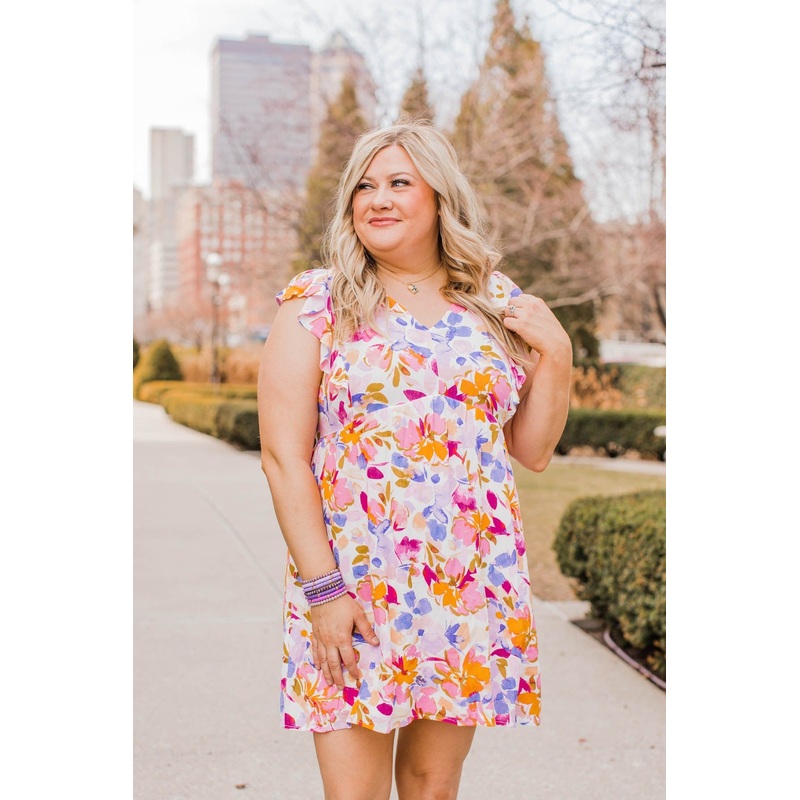 Flirty Flourish Floral Mini Dress- Lilac & Orange