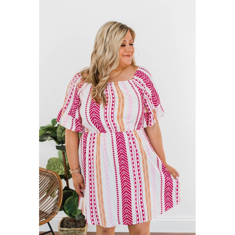 Salsa Dancing Off-The-Shoulder Dress- Pink & Ivory