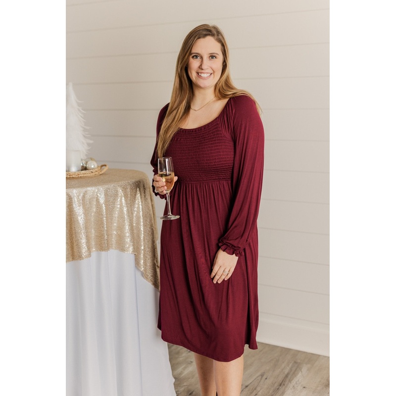 Lost In Memories Long Sleeve Dress- Wine