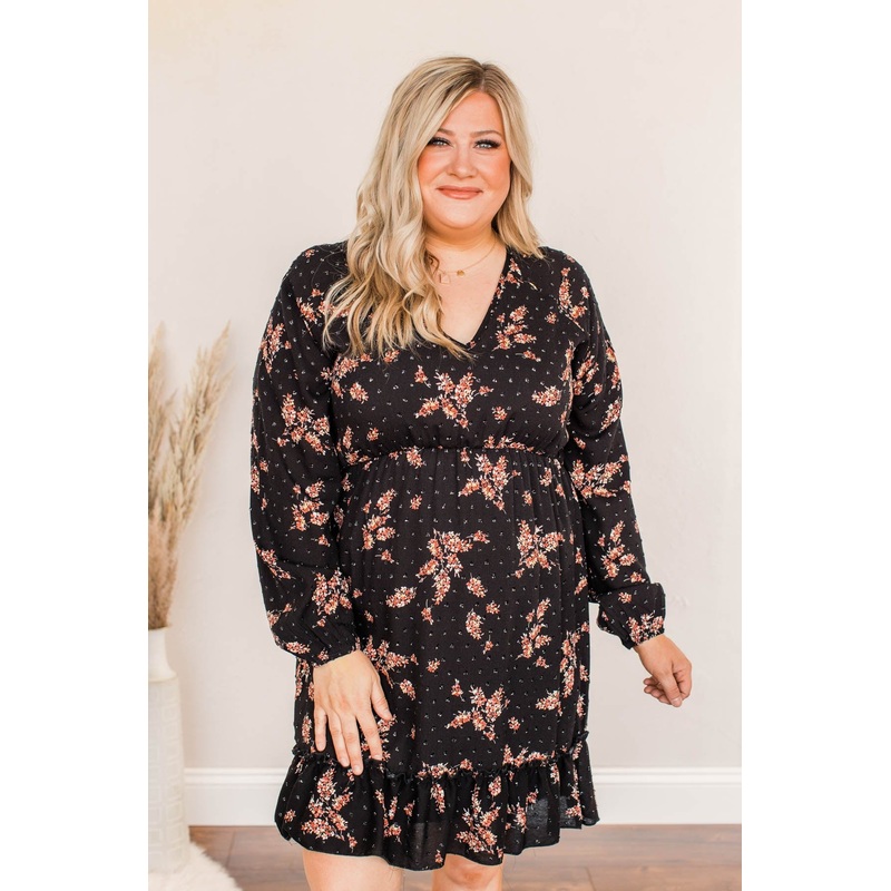 Floral Festivities Swiss Dot Dress- Black