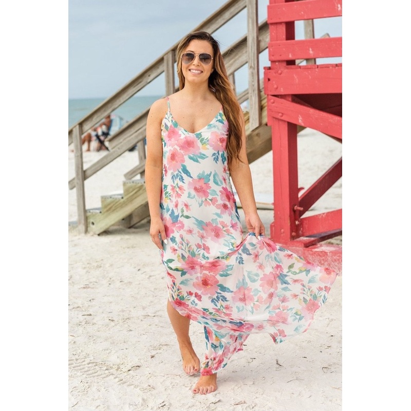 Follow The Sound Floral Maxi Shift Dress- Ivory & Coral