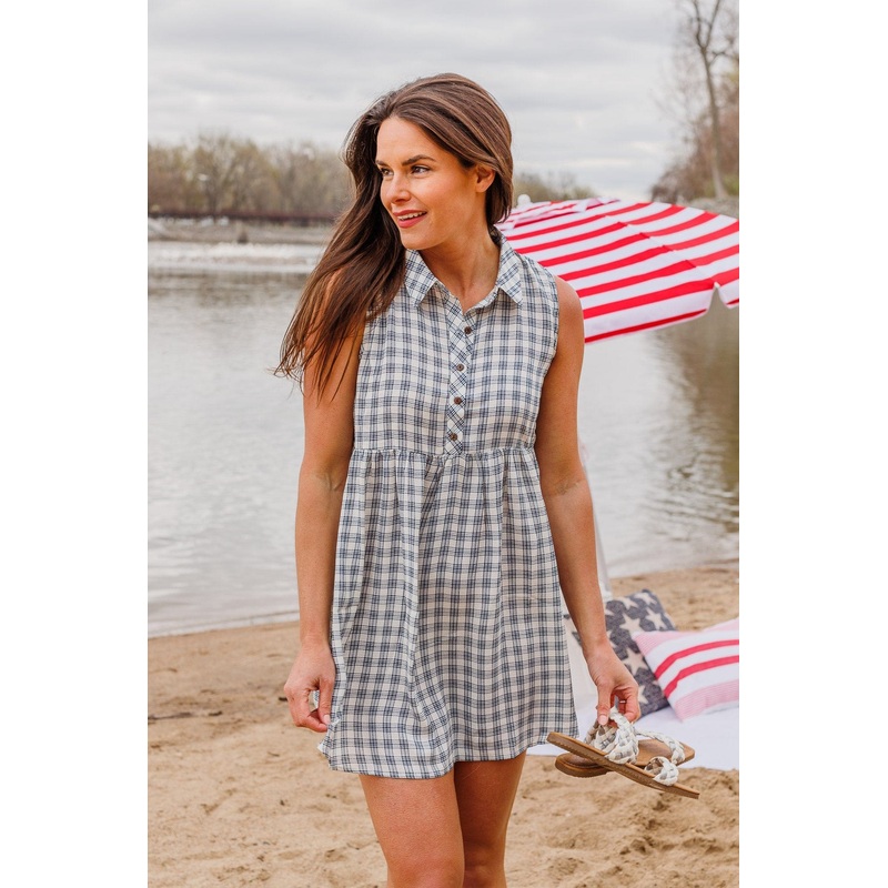 Picnic Memories Plaid Button Dress- Navy