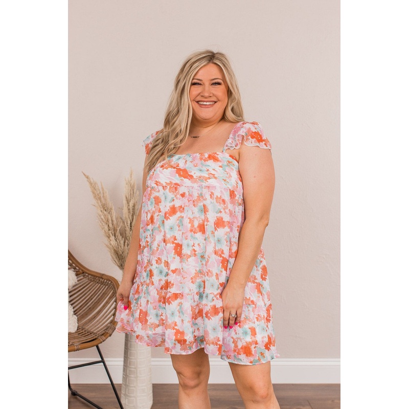 Uplifting Confidence Babydoll Mini Dress- Coral & Green