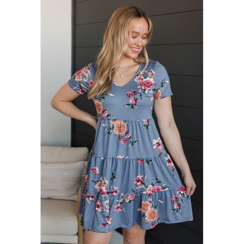 Important Things In Life Floral Dress- Denim Blue