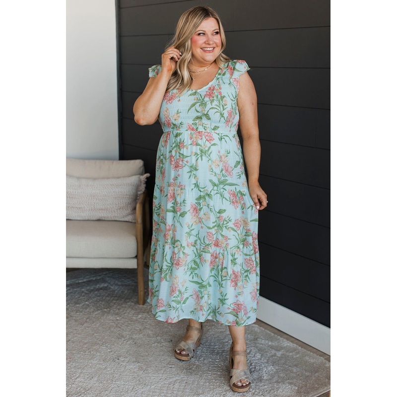 Indescribable Feeling Floral Midi Dress- Dusty Mint & Sage