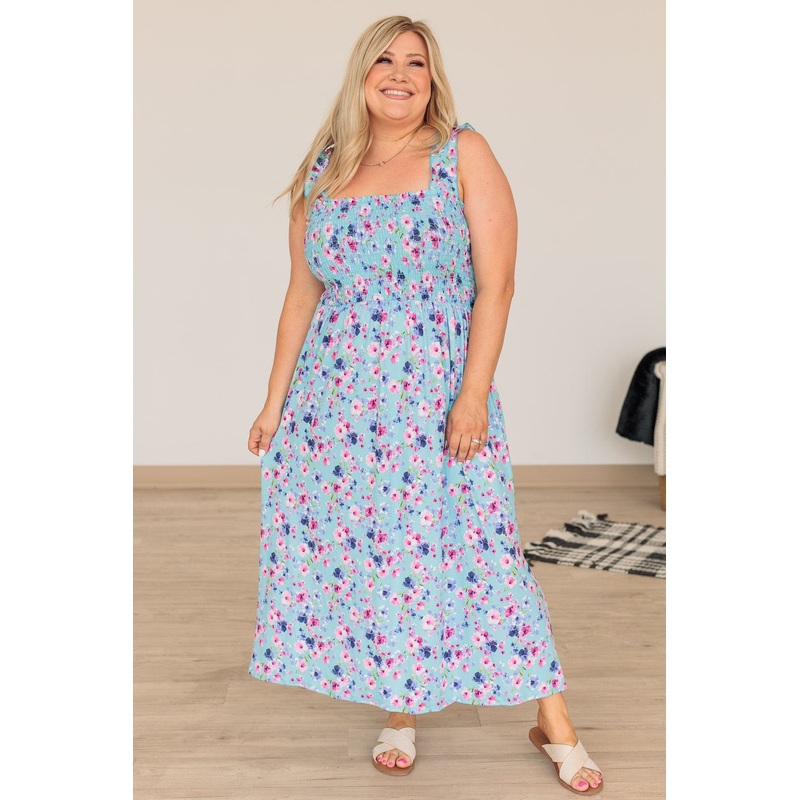 Bright Skies Floral Smocked Dress- Sky Blue