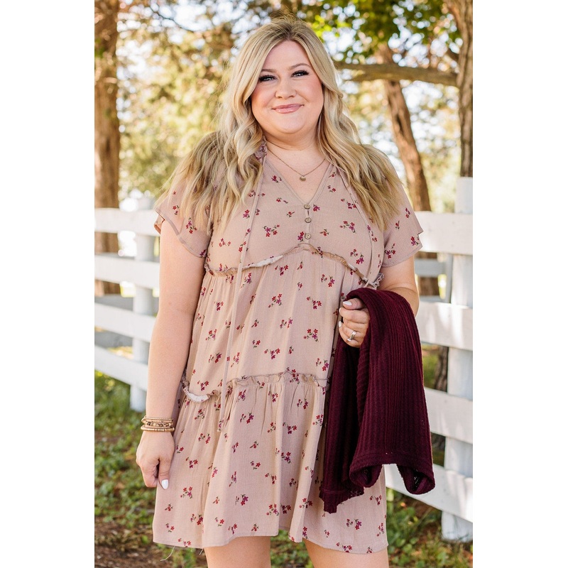 No Doubt About It Ruffled Mini Dress- Taupe