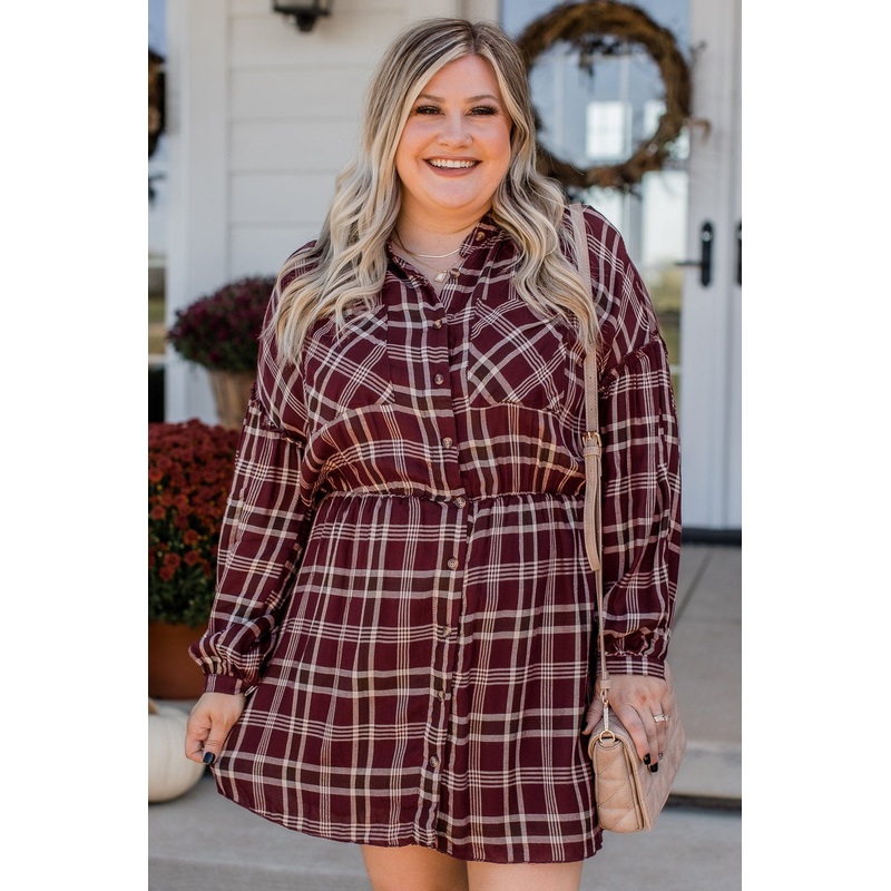 Here For The Hayrides Plaid Dress- Burgundy