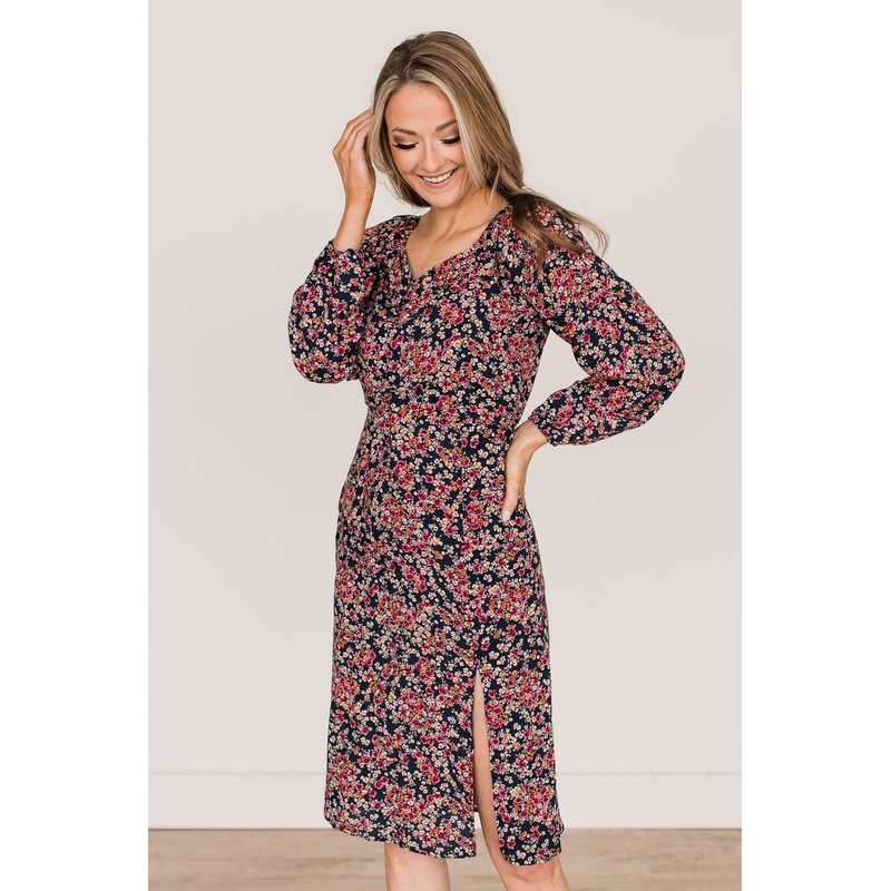 Good To See Floral Midi Dress- Navy