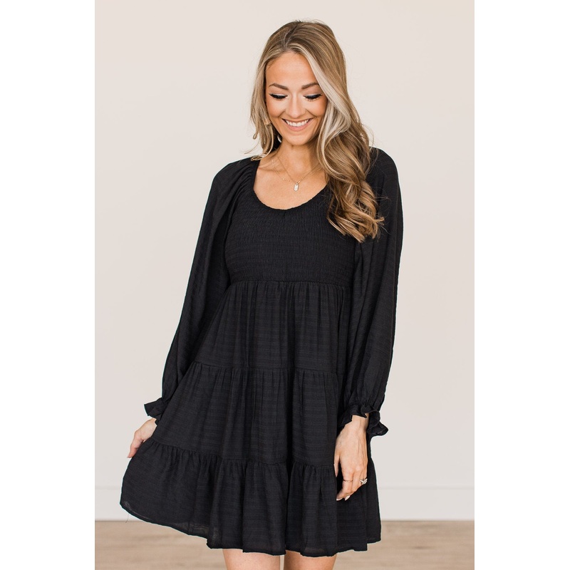 Over The Moon Smocked Dress- Black
