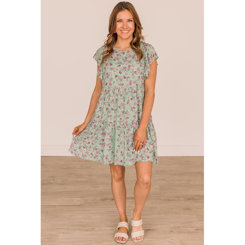 Crack A Smile Floral Dress- Sage & Pink