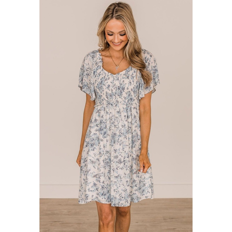 Destined To Fly Smocked Floral Dress- Ivory & Blue