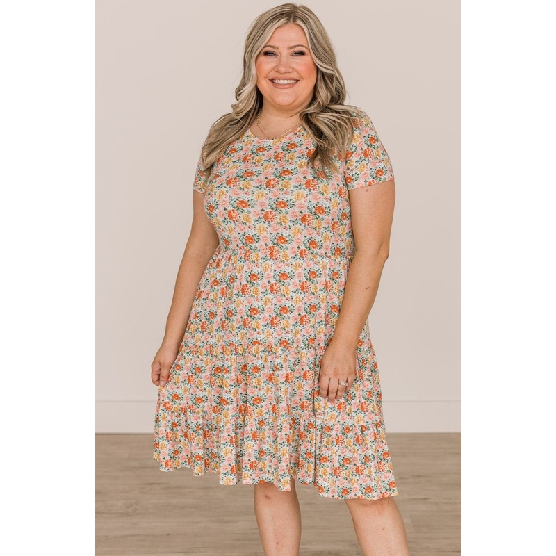 No Rainy Days Floral Tiered Dress- Ivory & Pink