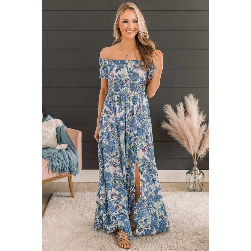 Show Your Radiance Smocked Maxi Dress- Ivory & Blue