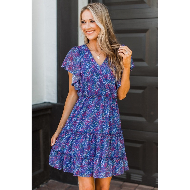 The Night Is Young Floral Dress- Cobalt Blue