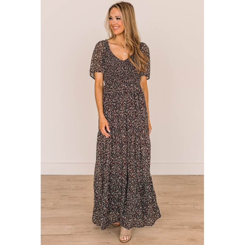 Unexpected Moments Floral Maxi Dress- Black