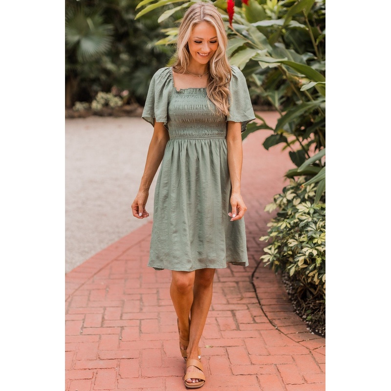 Catch Your Gaze Smocked Dress- Olive