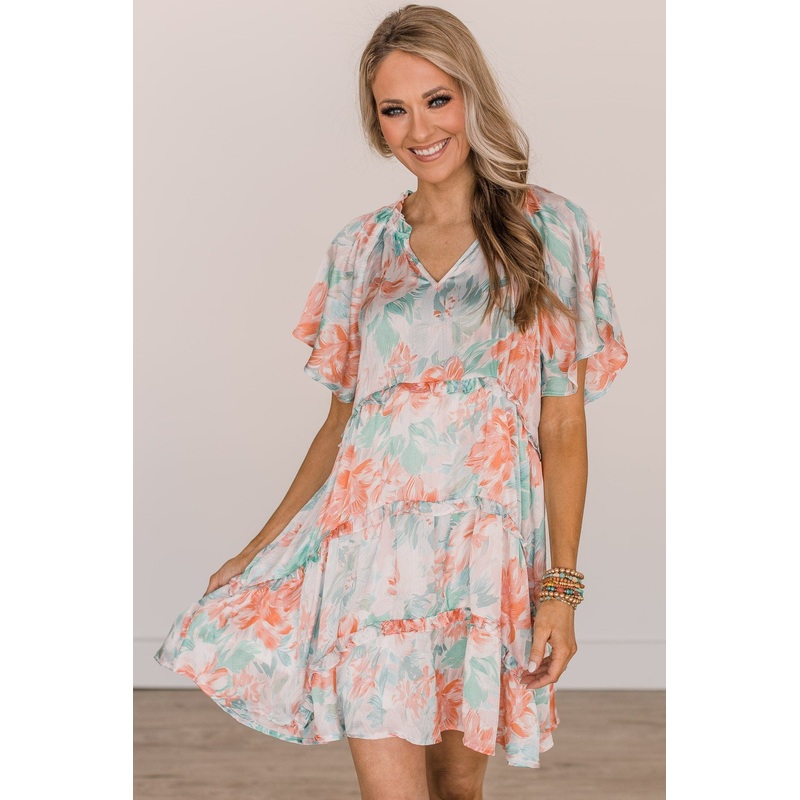 Cherish The Thought Floral Dress- Peach & Turquoise