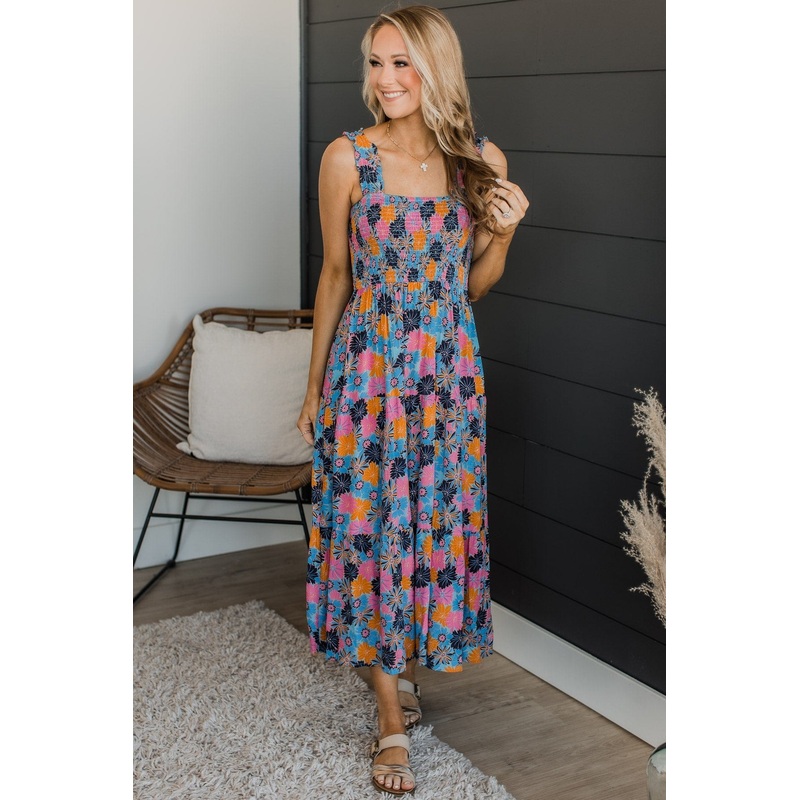 Highlight Of Today Floral Midi Dress- Blue, Pink, & Orange