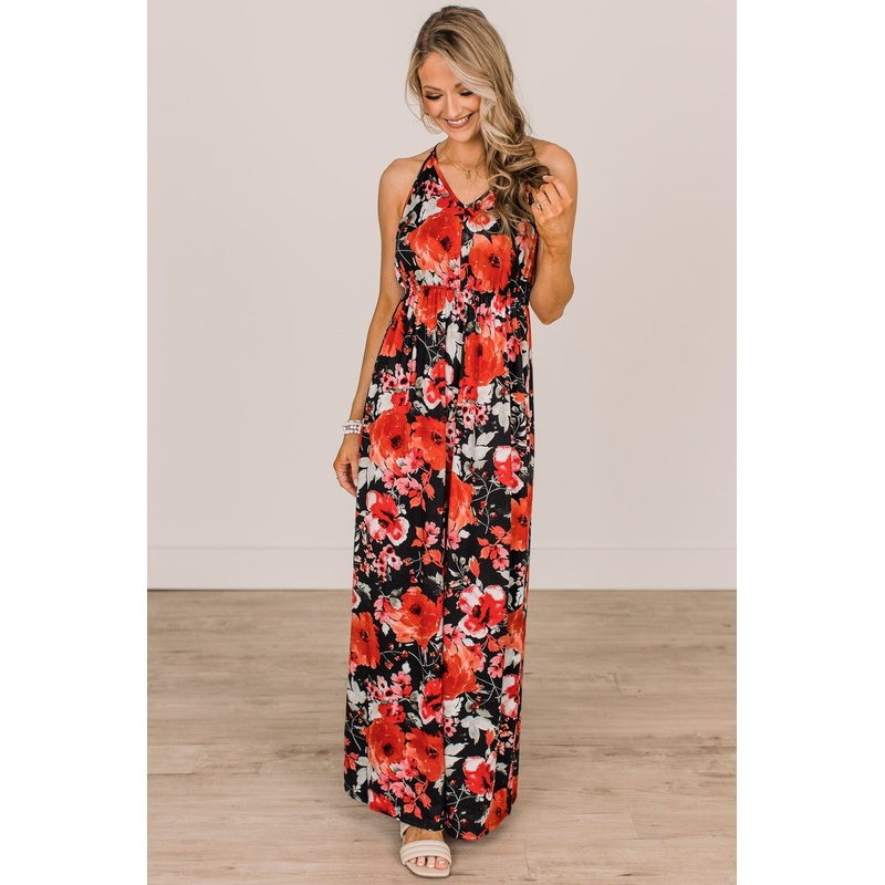 Keep On Dancing Floral Maxi Dress- Black & Red