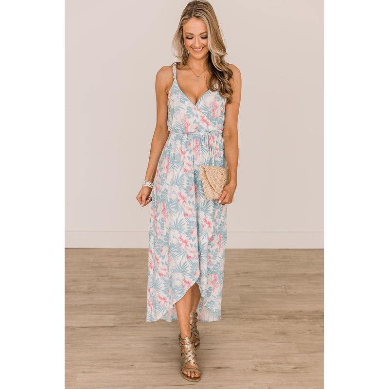Let The Sunshine In Floral Maxi Dress- Ivory, Blue, & Pink