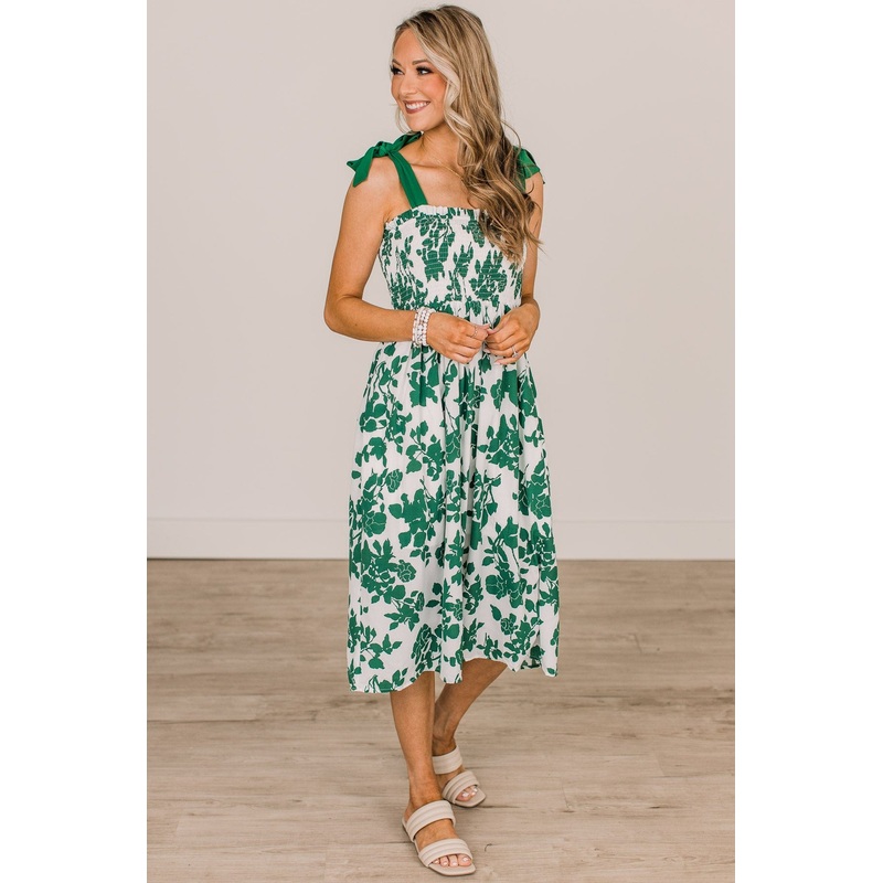 My Lucky Day Floral Smocked Dress- Green & Ivory