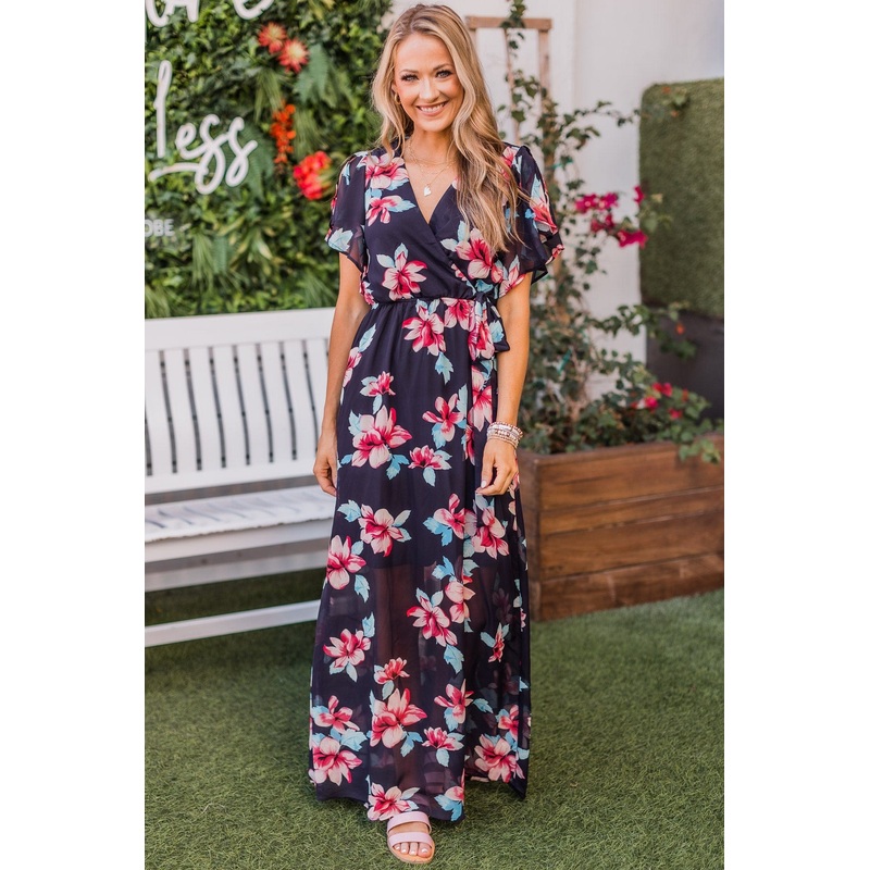 Plant Your Roots Floral Maxi Dress- Navy