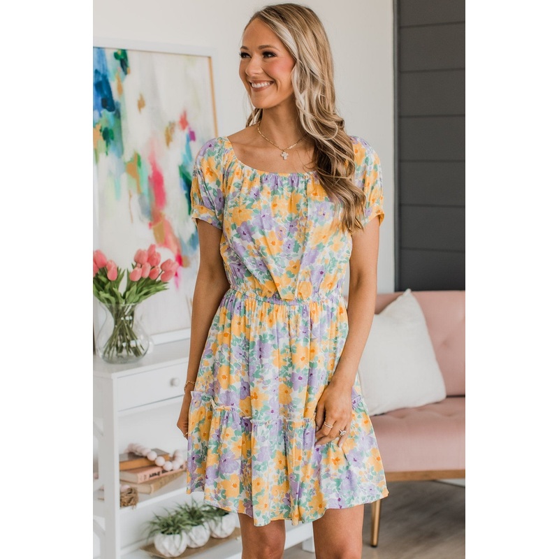 A New Perspective Floral Dress- Ivory, Yellow, & Purple