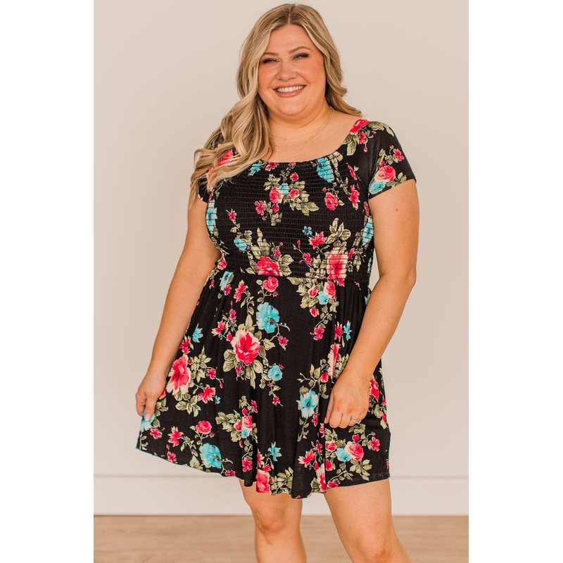 Fine Without You Smocked Floral Dress- Black