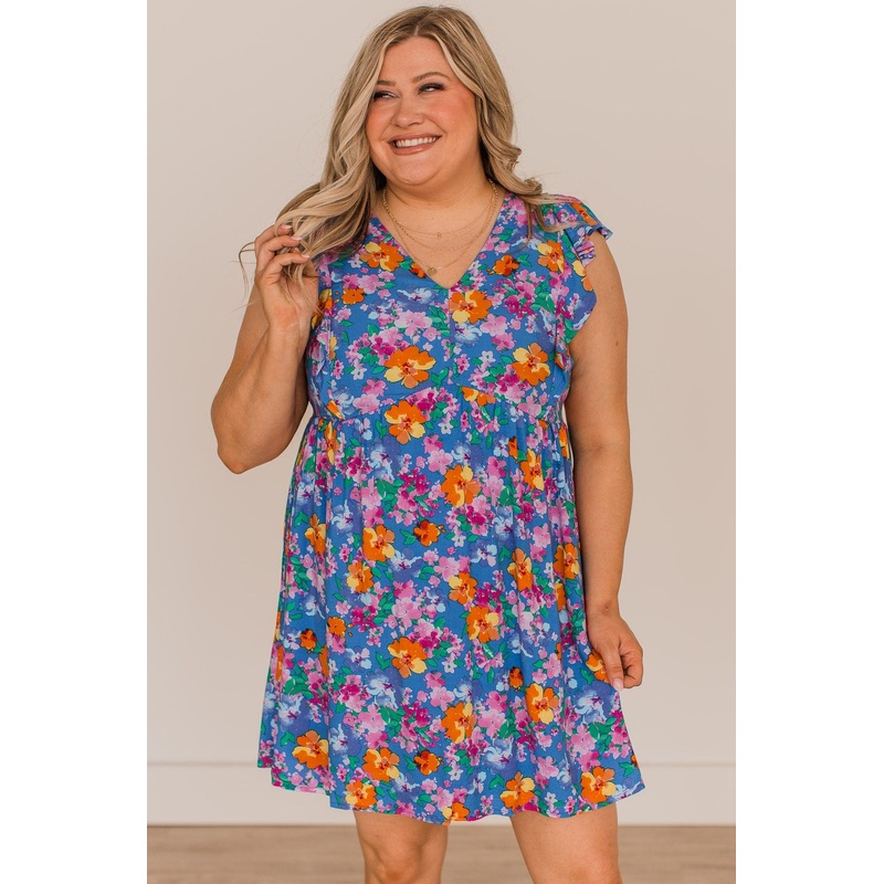 Flirty Flourish Floral Mini Dress- Royal Blue