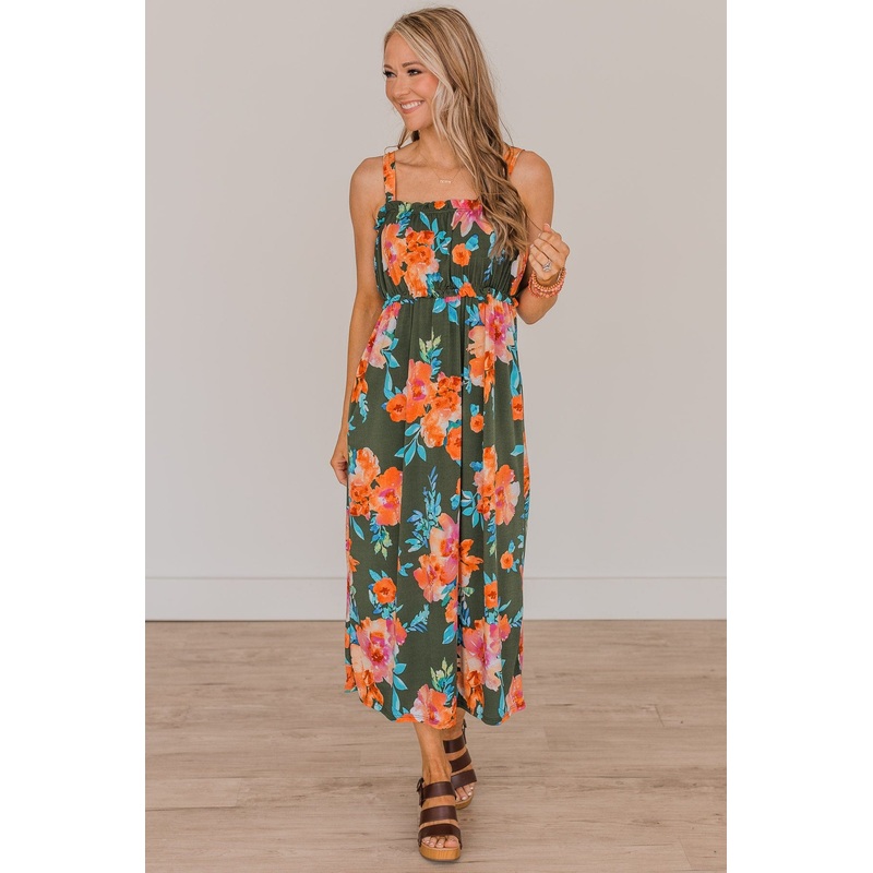 Give It A Chance Floral Midi Dress- Dark Olive