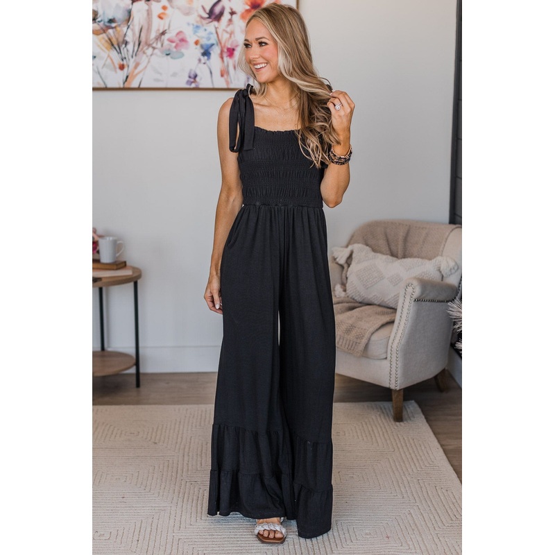 Good For Me Smocked Jumpsuit- Black